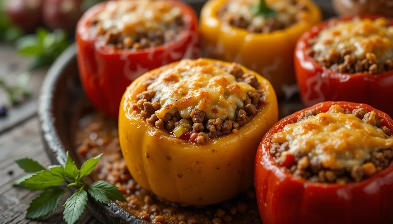 Colorful stuffed bell peppers without rice filled with seasoned ground meat and melted cheese in a rustic baking dish
