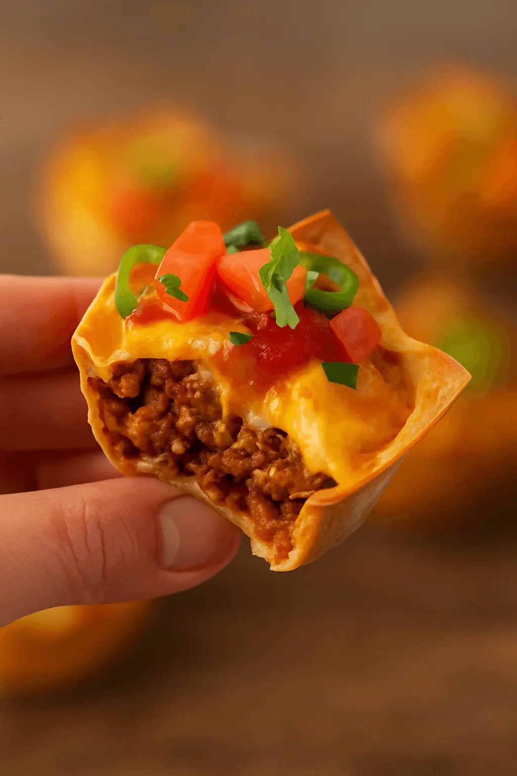 A close-up of a hand holding a taco cupcake with a bite taken out, showing seasoned meat, melted cheese, diced tomatoes, and green onions.