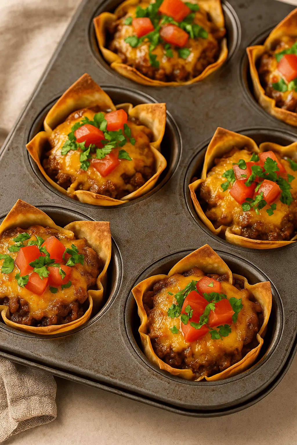Taco cupcakes baking in a muffin tin, topped with melted cheese, chopped tomatoes, and fresh cilantro.