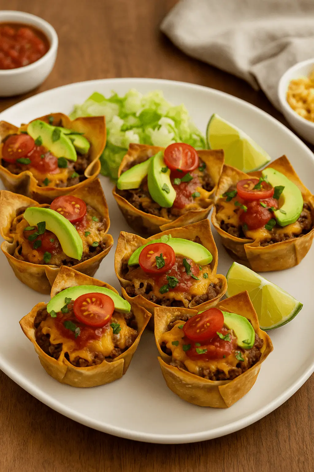 A plate of taco cupcakes topped with avocado, cherry tomatoes, and salsa, served with lime wedges and lettuce.
