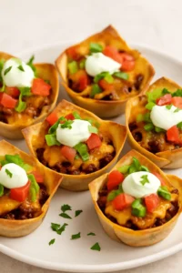 A plate of taco cupcakes topped with sour cream, diced tomatoes, chopped green peppers, and parsley.