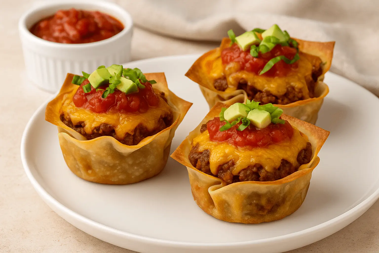 Taco cupcakes served on a white plate, topped with salsa, melted cheese, avocado, and green onions.