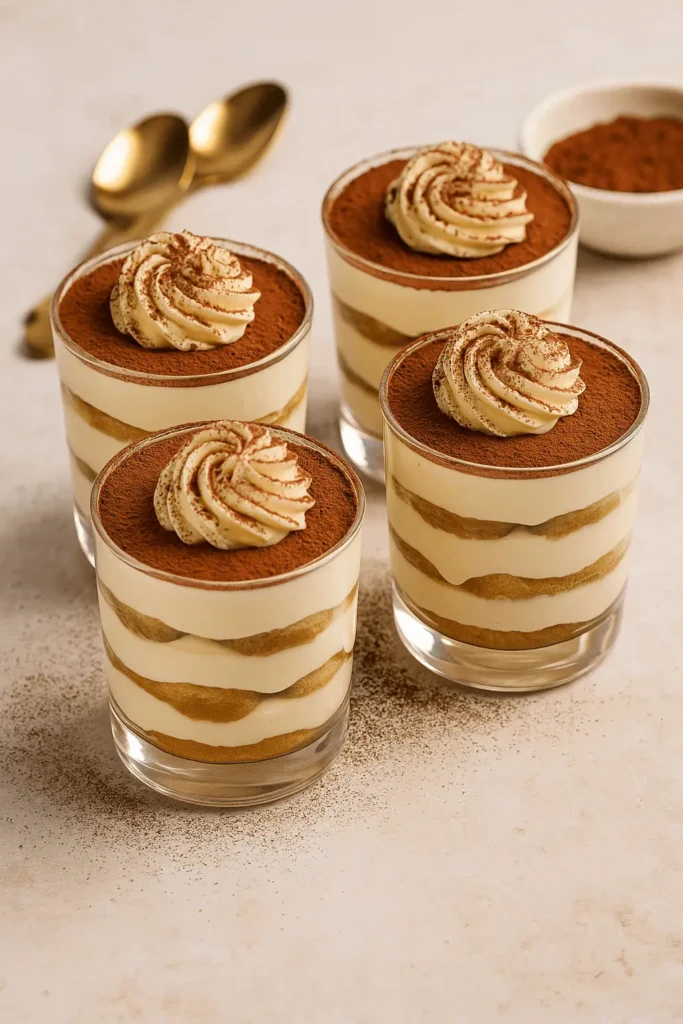 Four beautifully layered tiramisu cups topped with piped mascarpone cream and cocoa powder, served on a light background.