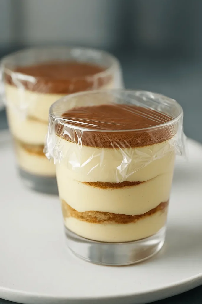 Chilled tiramisu cups covered with plastic wrap, showing creamy layers of mascarpone and espresso-soaked ladyfingers.