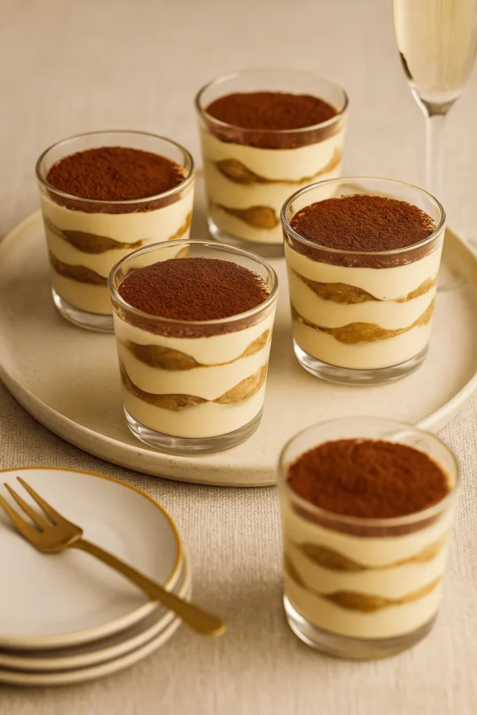 A serving tray with five elegant tiramisu cups, layered with mascarpone and espresso-soaked ladyfingers, dusted with cocoa powder.