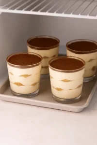 Four tiramisu cups chilling on a tray inside a refrigerator, layered with mascarpone and cocoa-dusted tops.