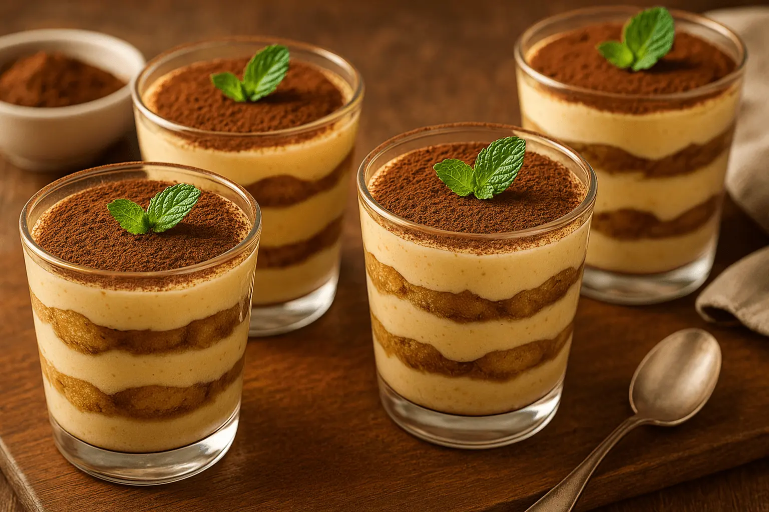 Four glass tiramisu cups layered with mascarpone and espresso-soaked ladyfingers, topped with cocoa powder and fresh mint.