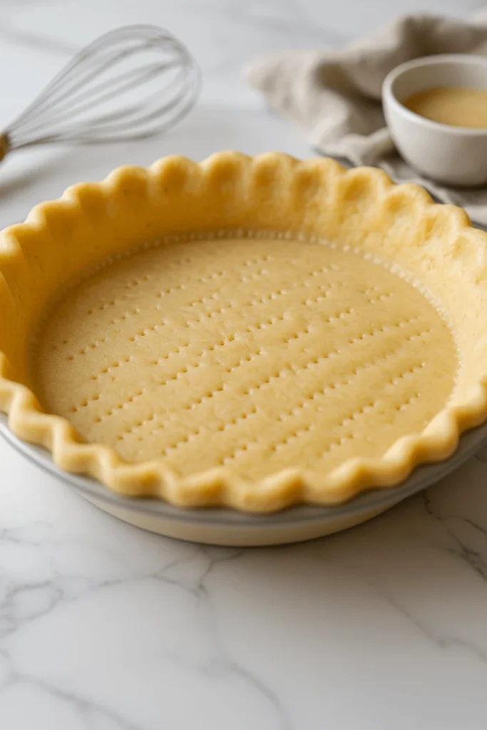 Unbaked 3 ingredient pie crust with fork pricks in a fluted pie dish on a marble surface.