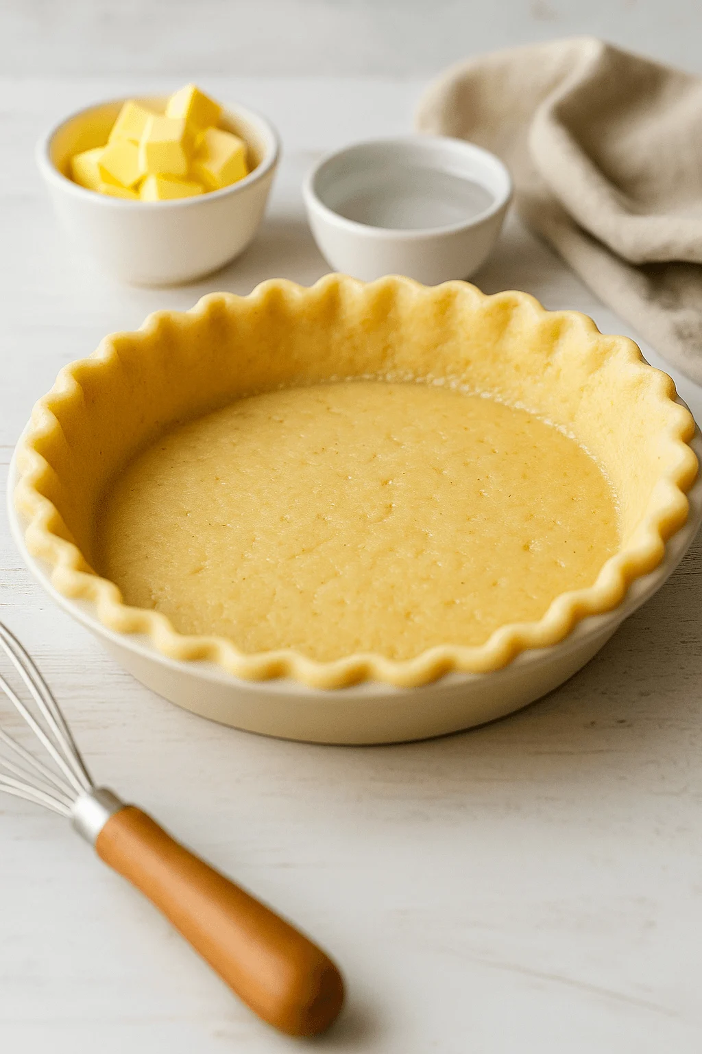 Freshly prepared 3 ingredient pie crust in a ceramic dish with butter and water bowls nearby on a white wooden surface.