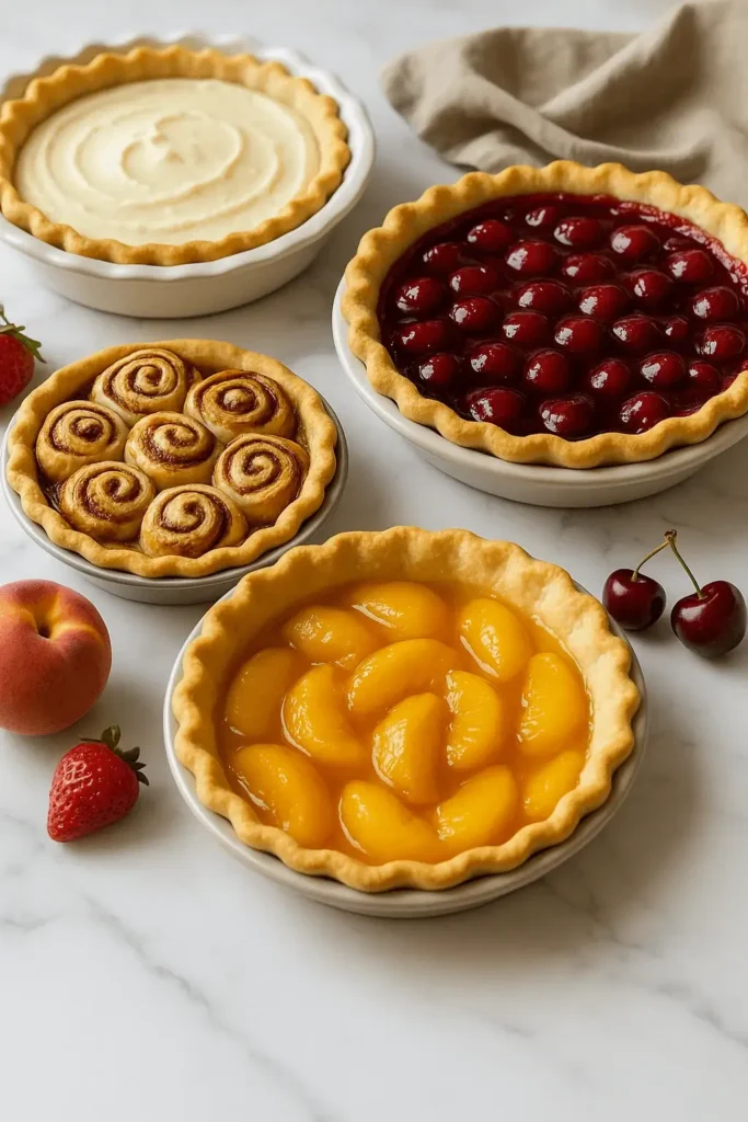 Four baked pies made with a 3 ingredient pie crust, featuring peach, cherry, cream, and cinnamon roll fillings on a marble surface.