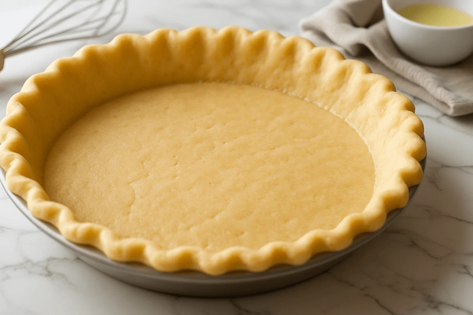Unbaked 3 ingredient pie crust in a fluted metal pie dish on a marble countertop with baking tools in the background.