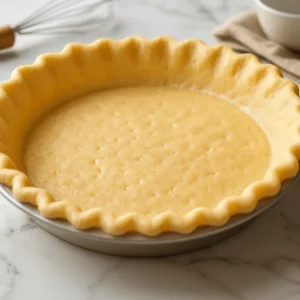 Unbaked 3 ingredient pie crust in a metal pie dish on a marble countertop with baking tools nearby.