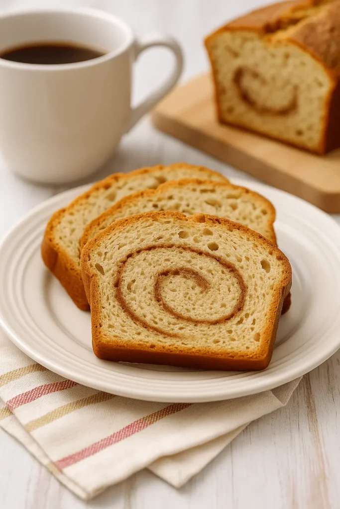 Slices of Amish Cinnamon Bread Recipe on a white plate with a cinnamon swirl, served beside a cup of black coffee.