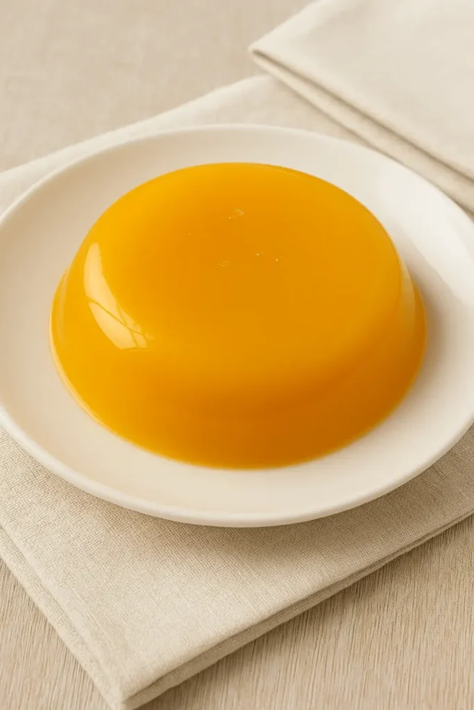 Mango jelly on a white plate placed over a beige linen napkin.