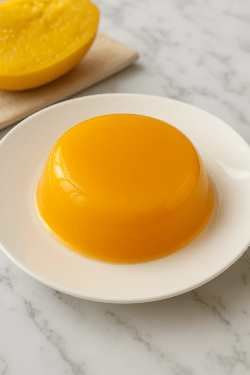 Mango jelly served on a white plate with a fresh mango in the background.