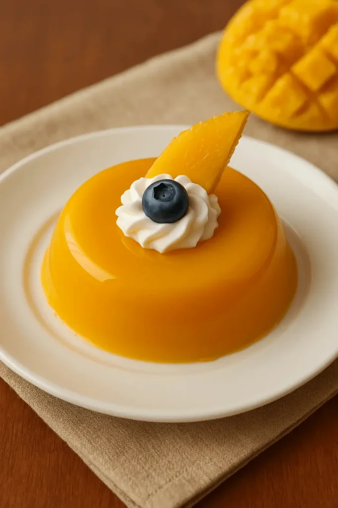 Decorated mango jelly topped with whipped cream, a mango slice, and a blueberry on a white plate.