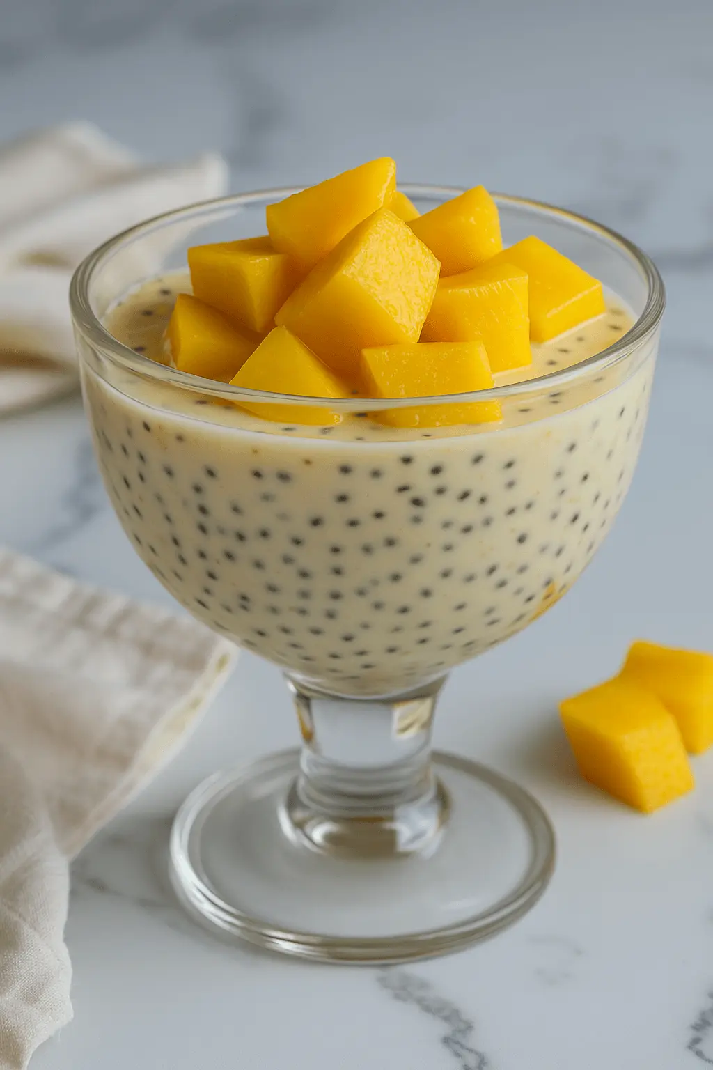 Glass dessert cup filled with mango chia seed pudding and topped with diced fresh mango.