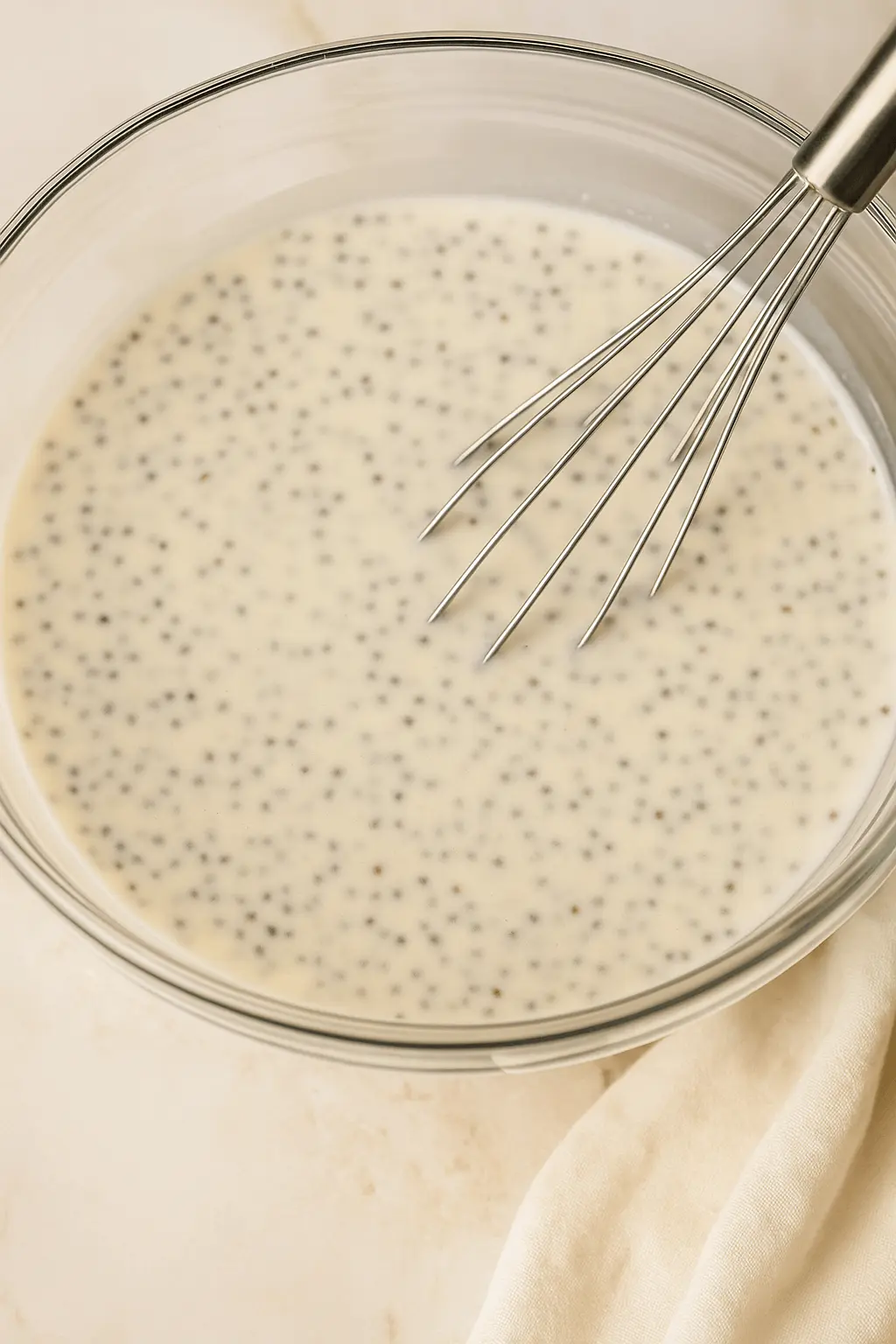 Mixing the base for mango chia seed pudding in a glass bowl with a whisk on a light countertop.