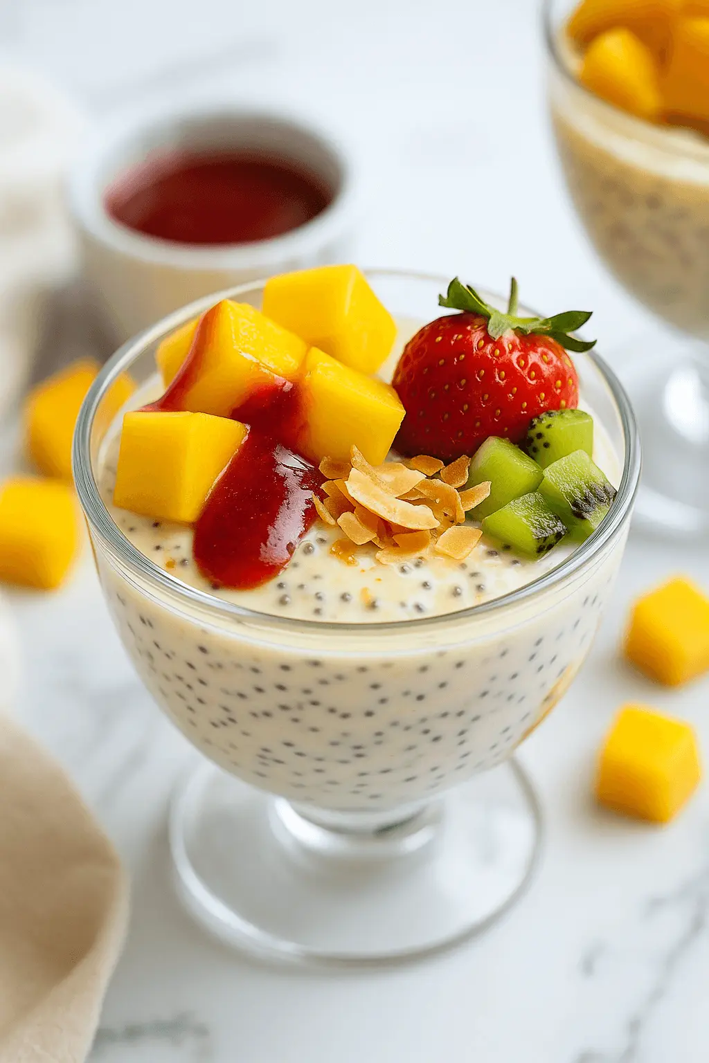 Mango chia seed pudding served in a glass, topped with mango cubes, strawberry, kiwi, toasted coconut, and fruit sauce.