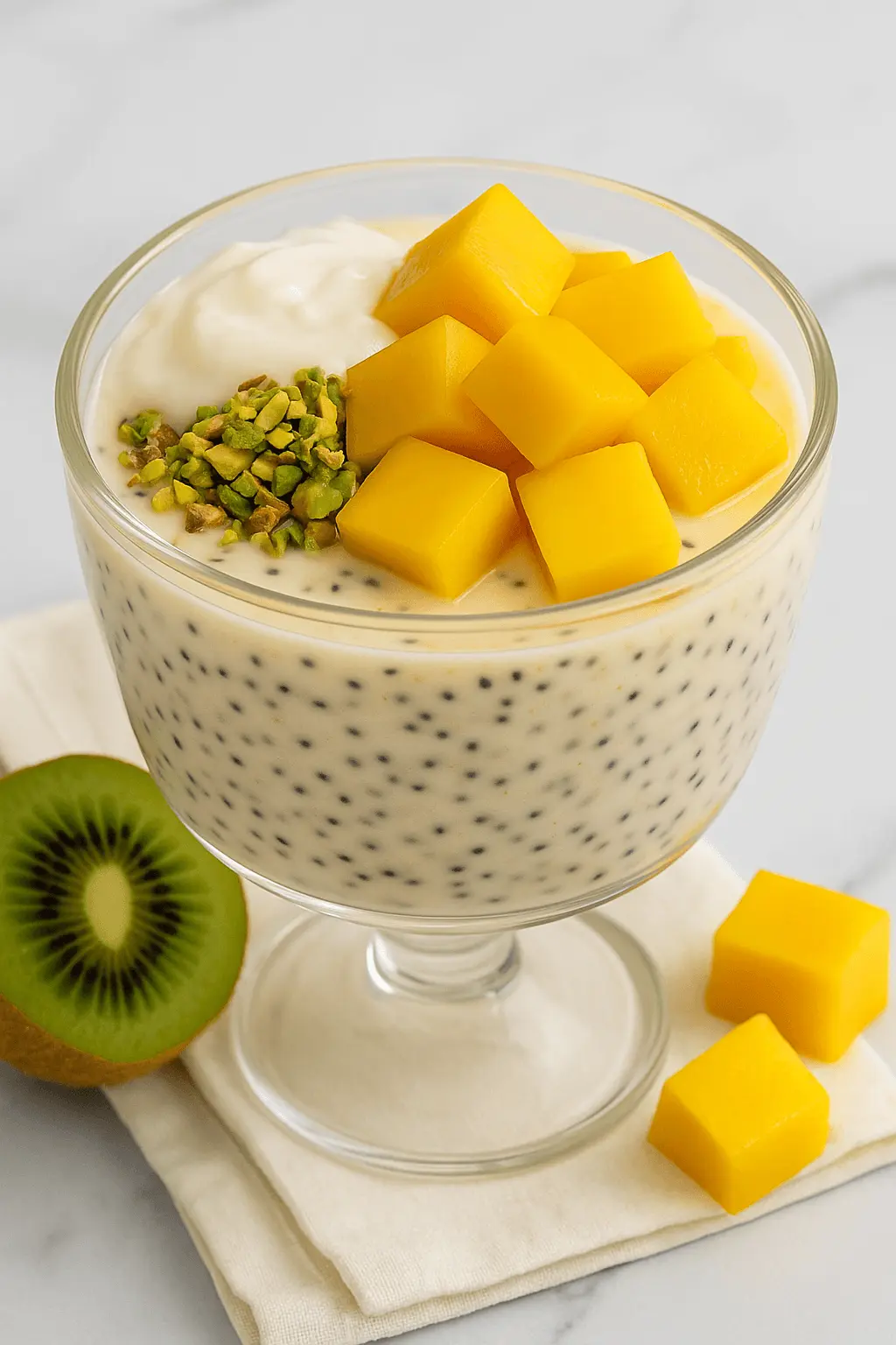 Glass cup of mango chia seed pudding topped with mango cubes, chopped pistachios, and coconut yogurt, served beside fresh kiwi.