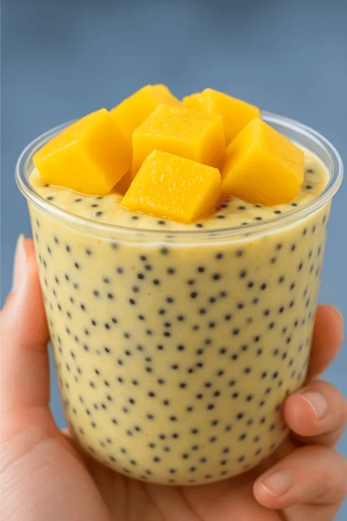 Hand holding a plastic cup filled with mango chia seed pudding, topped with fresh mango cubes against a blue background.
