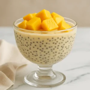 A glass cup filled with mango chia seed pudding, topped with cubes of fresh mango on a white marble surface.