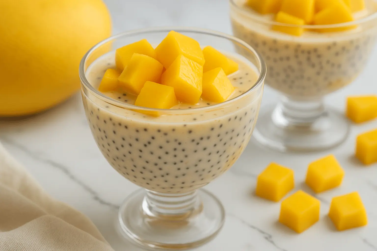 Glass cups filled with creamy mango chia seed pudding, topped with fresh mango cubes on a marble surface.
