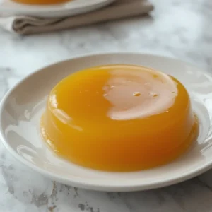 Plain mango jelly on a white plate set on a marble surface.