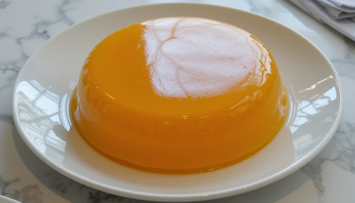 A smooth, glossy dome of mango jelly served on a white plate over a marble surface.