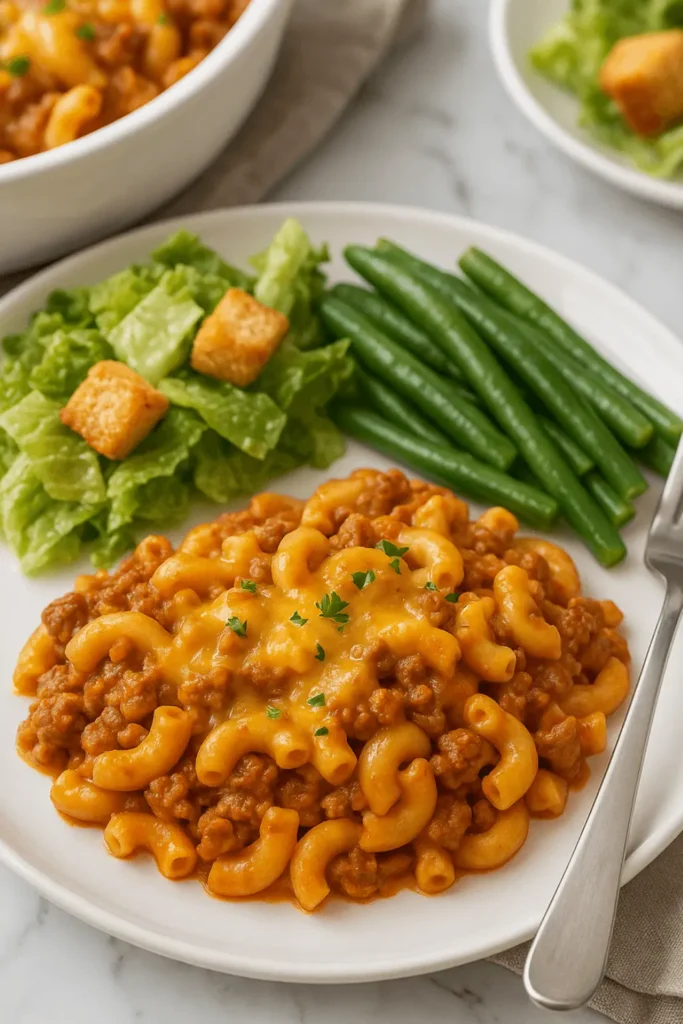 A serving of beefaroni recipe with melted cheese, green beans, and a small side salad on a white plate.