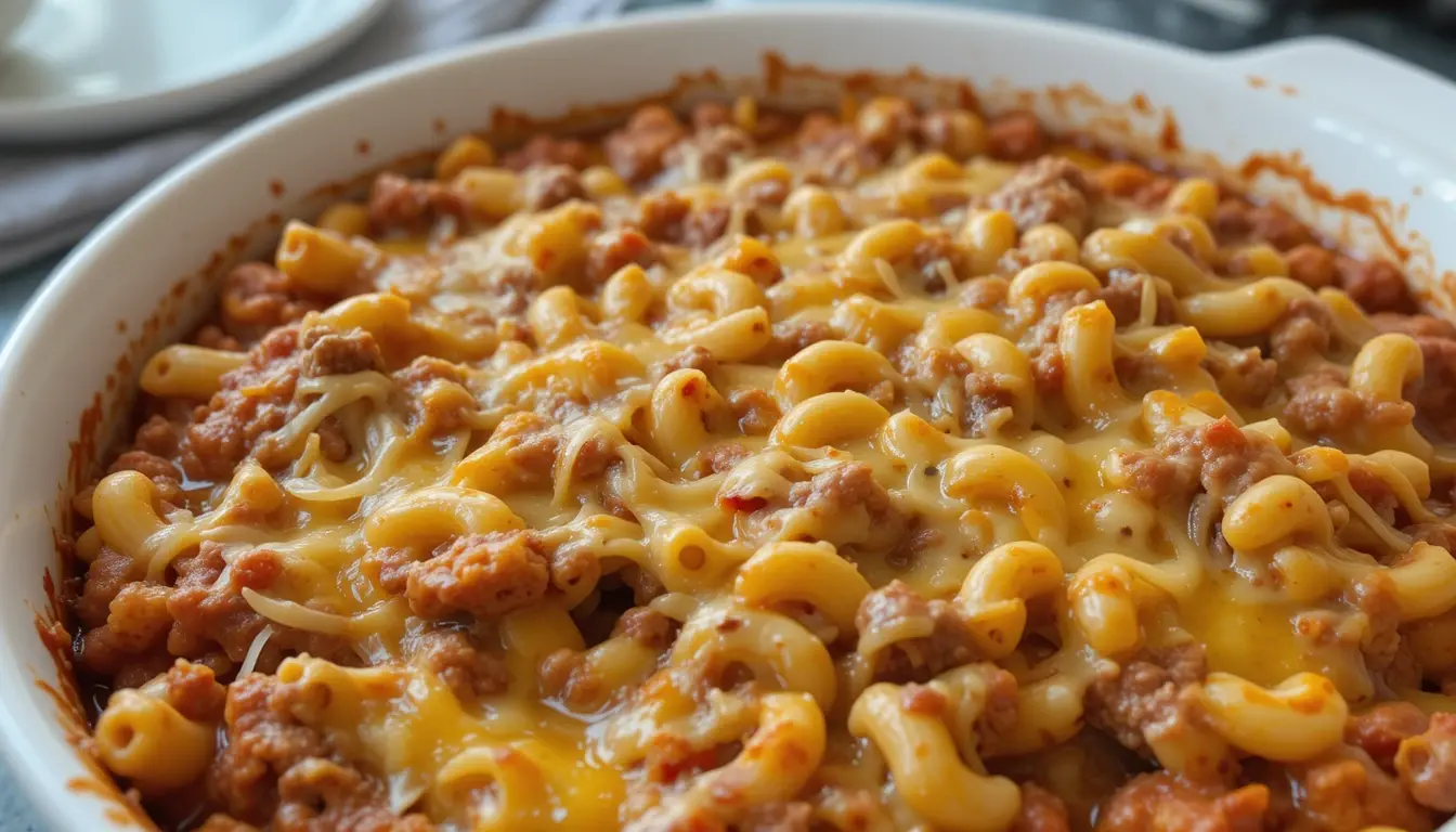 Close-up of a cheesy beefaroni recipe baked in a white casserole dish, showing elbow macaroni, seasoned ground beef, and melted cheese.