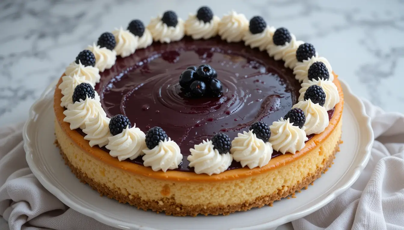 Decorated blackberry cheesecake with cream swirls and berry topping on a white plate, showcasing a finished blackberry cheesecake recipe.