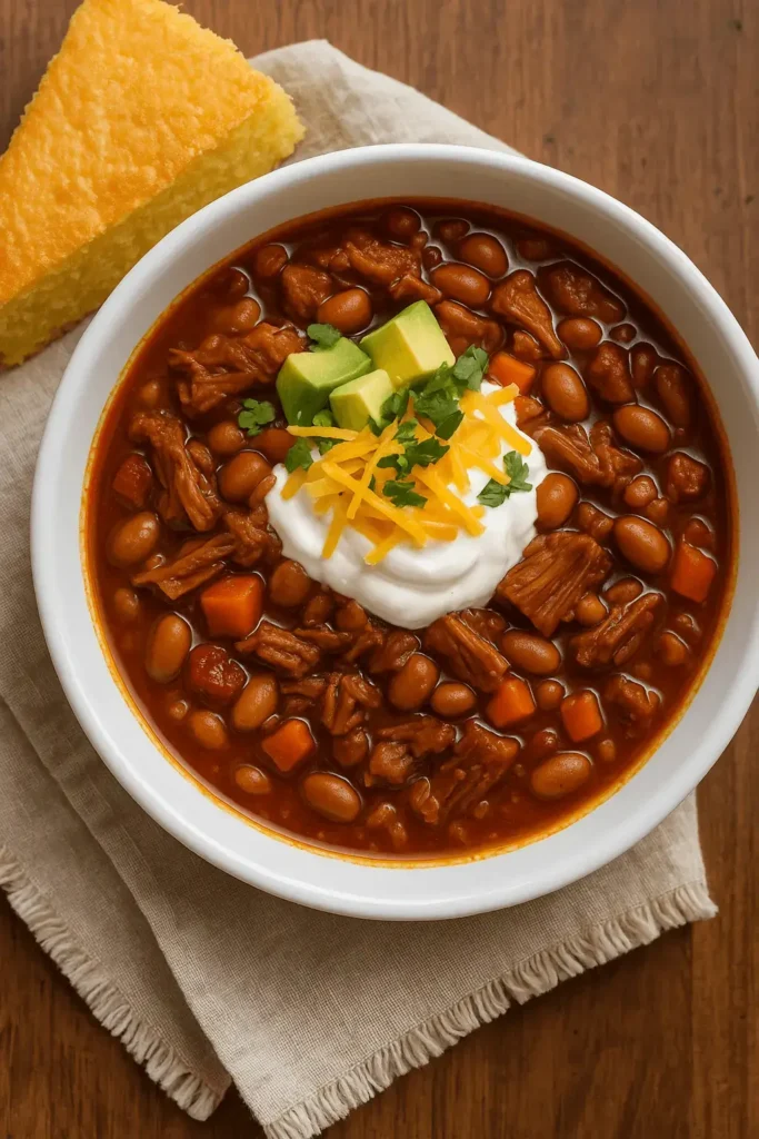 A bowl of Brisket Chili Recipe topped with sour cream, avocado, shredded cheddar, and fresh cilantro, served with cornbread on the side.