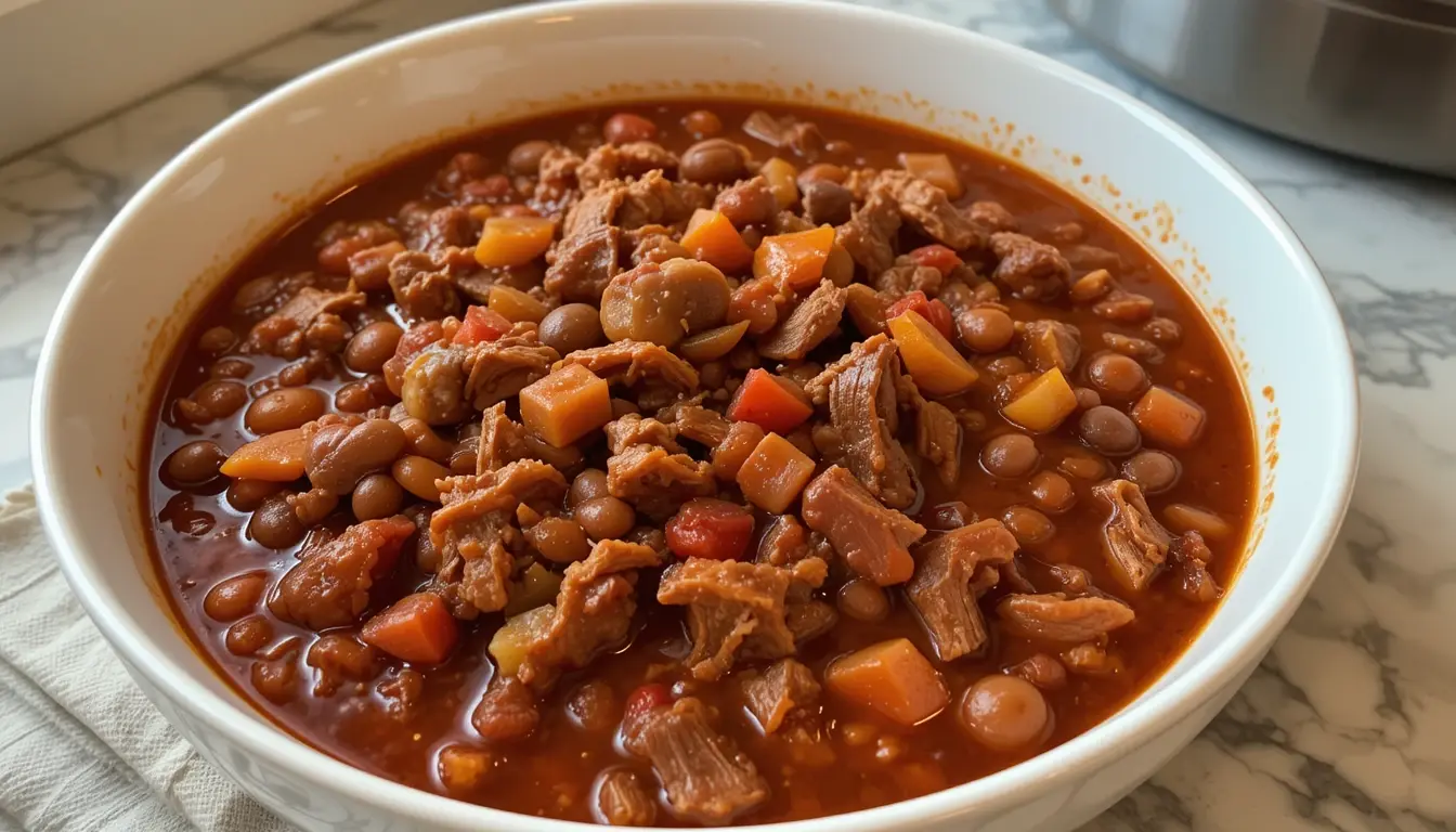 A close-up of a hearty Brisket Chili Recipe served in a white bowl, featuring tender brisket, beans, and diced vegetables in a rich tomato base.