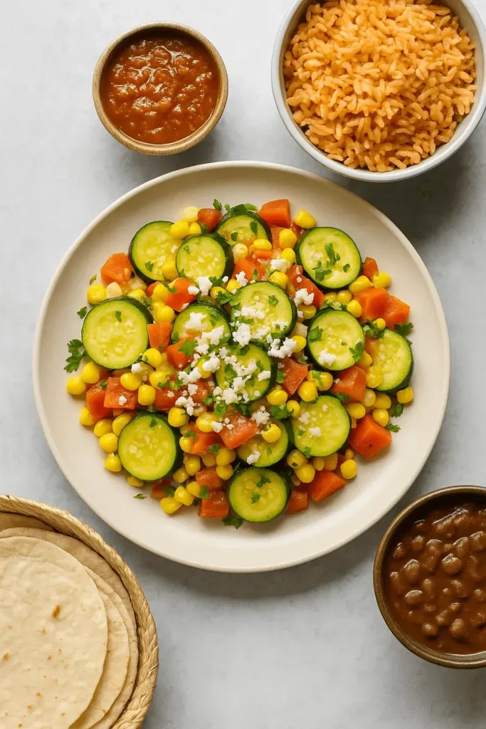 A colorful plate of calabacitas recipe served with corn, zucchini, tomatoes, and crumbled cheese, surrounded by rice, beans, salsa, and tortillas.