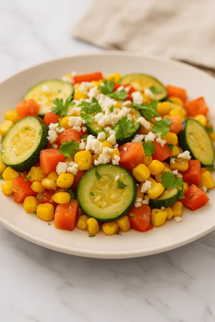 Close-up of calabacitas recipe served on a plate with zucchini, corn, diced red pepper, crumbled cheese, and cilantro.
