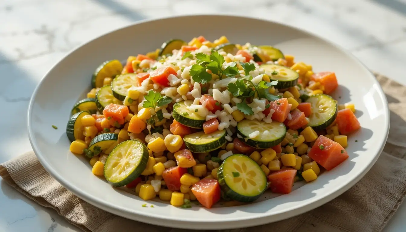 Close-up of a colorful calabacitas recipe with zucchini, corn, tomatoes, and melted cheese on a white plate.