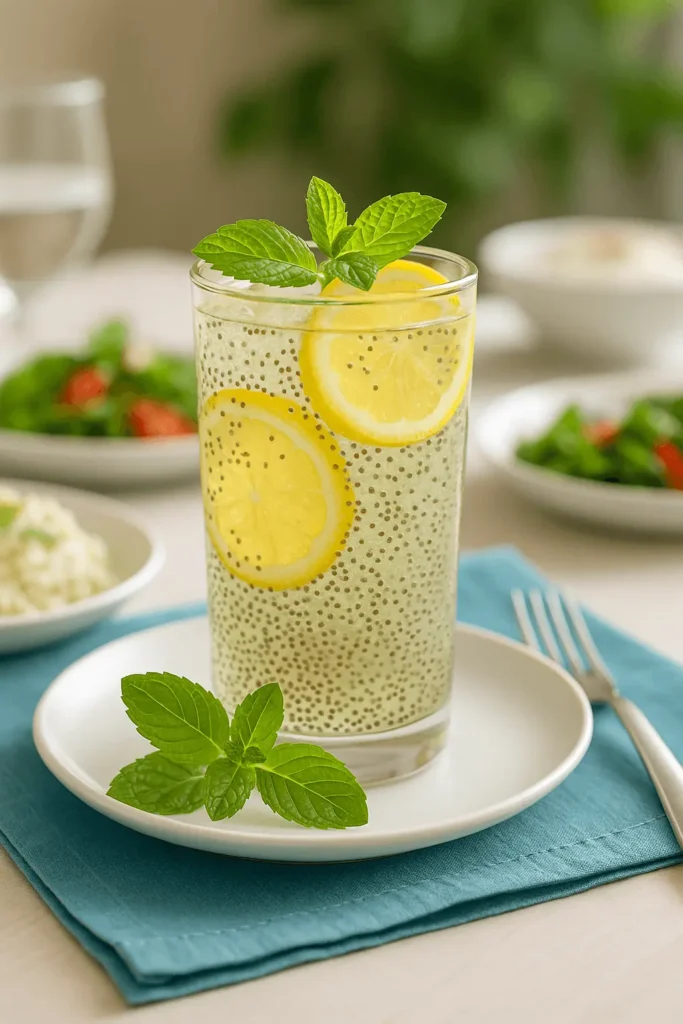A serving suggestion of chia water recipe with lemon slices and mint on a white plate.