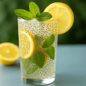 A glass of chia water recipe with lemon slices, mint leaves, and ice on a light blue surface.