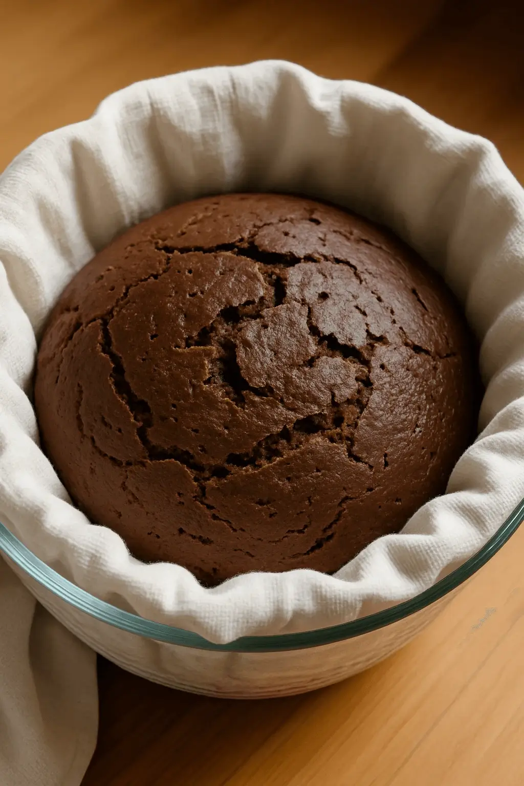 Smooth, round loaf of chocolate sourdough bread in a cloth-lined glass bowl, ready for final proofing on a wooden surface.