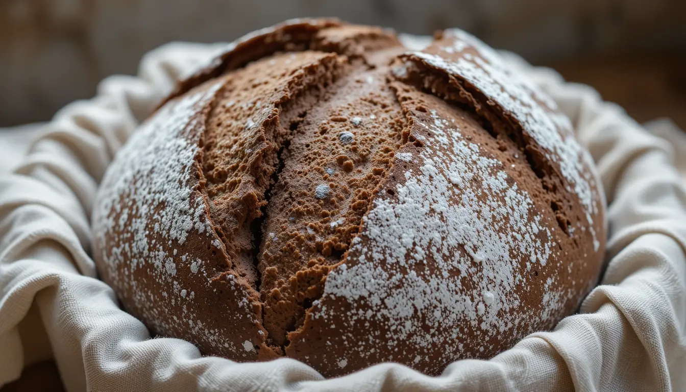 Freshly baked chocolate sourdough bread with a rustic crust and dusting of flour in a linen-lined basket.