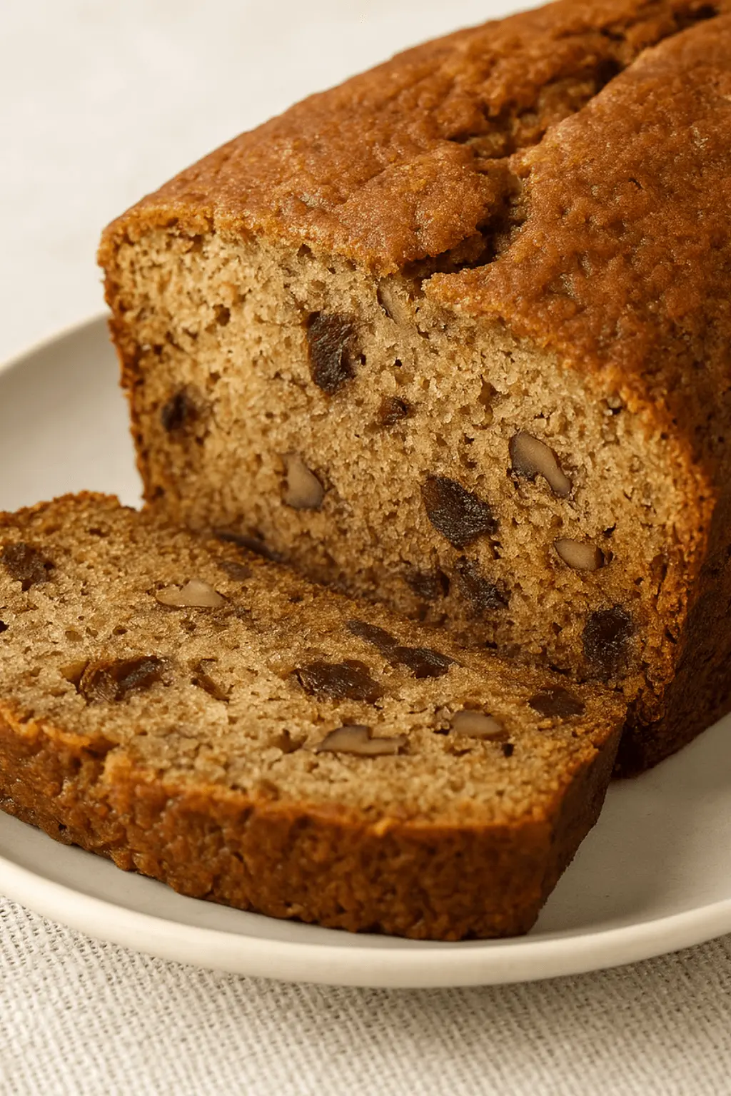Close-up of a sliced loaf from a homemade date nut bread recipe showing chopped dates and walnuts