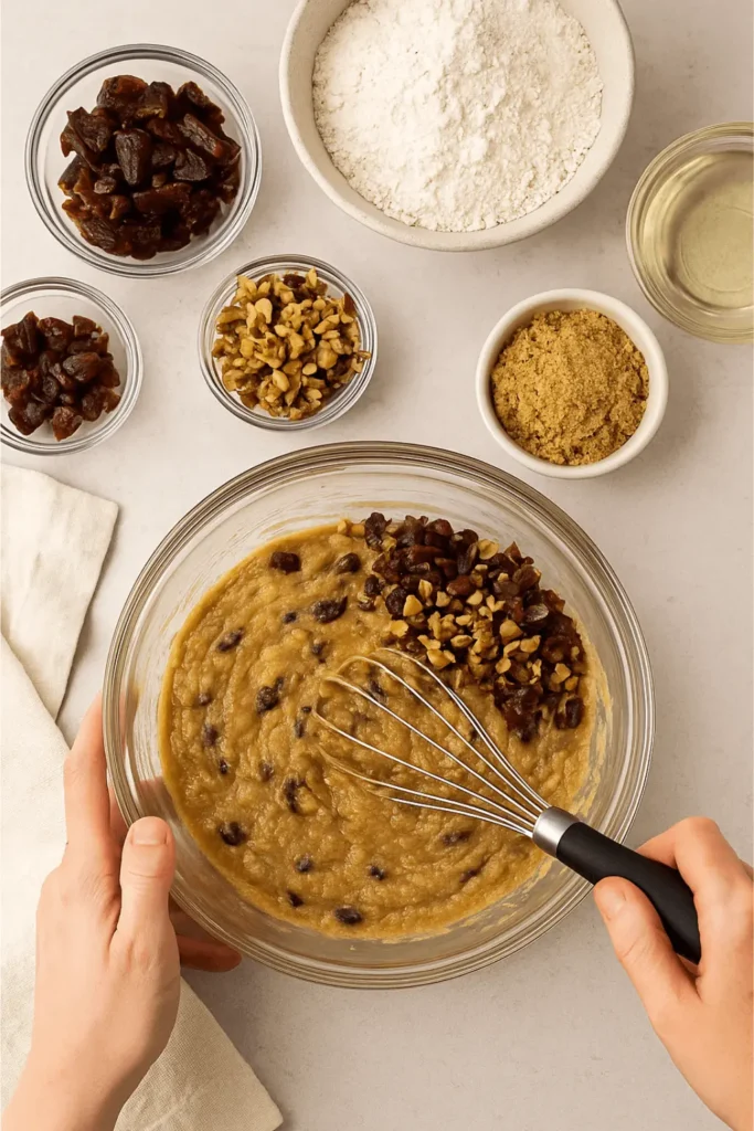 Mixing the batter for a homemade date nut bread recipe with chopped walnuts and dates