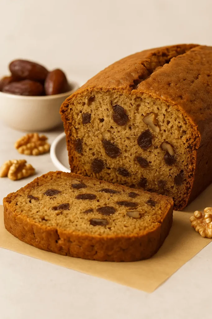 A sliced loaf of homemade bread filled with chopped dates and walnuts from a date nut bread recipe