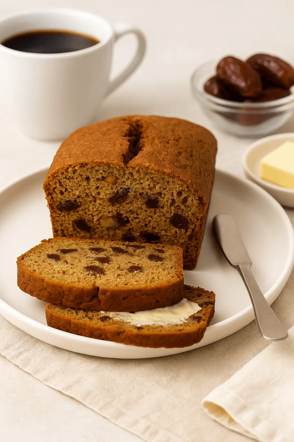 Sliced loaf served with butter and coffee, made from a cozy date nut bread recipe