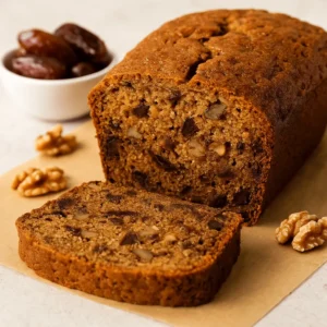 A sliced loaf of date nut bread made with walnuts, shown on parchment paper next to whole dates