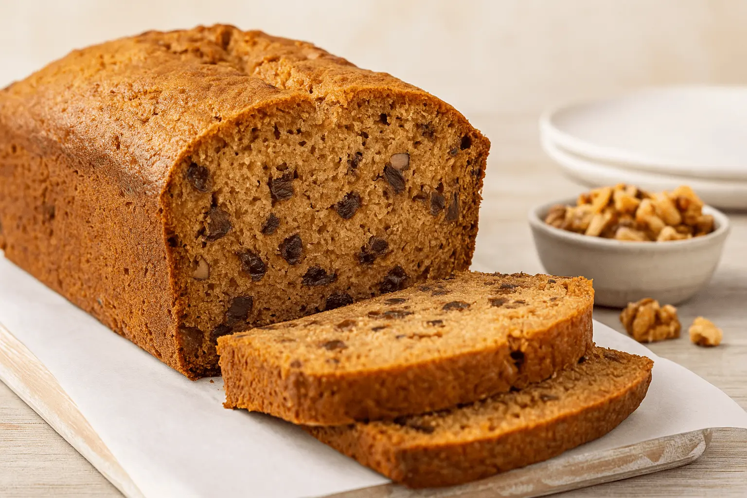Sliced loaf of moist homemade bread with dates and walnuts from a classic date nut bread recipe