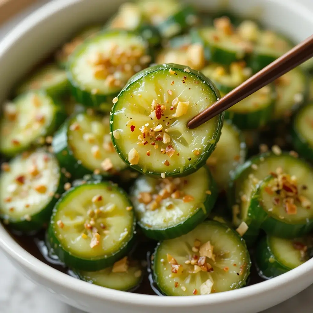 A close-up of a Din Tai Fung cucumber salad recipe, featuring crisp cucumber slices in a savory soy-based dressing, garnished with crushed peanuts, sesame seeds, and red pepper flakes, with a chopstick holding one slice.