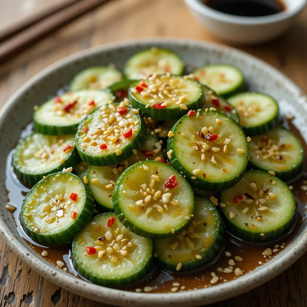 A beautifully plated Din Tai Fung cucumber salad recipe, featuring crisp cucumber slices marinated in a savory soy-based dressing, topped with sesame seeds and red chili flakes, served on a rustic dish.