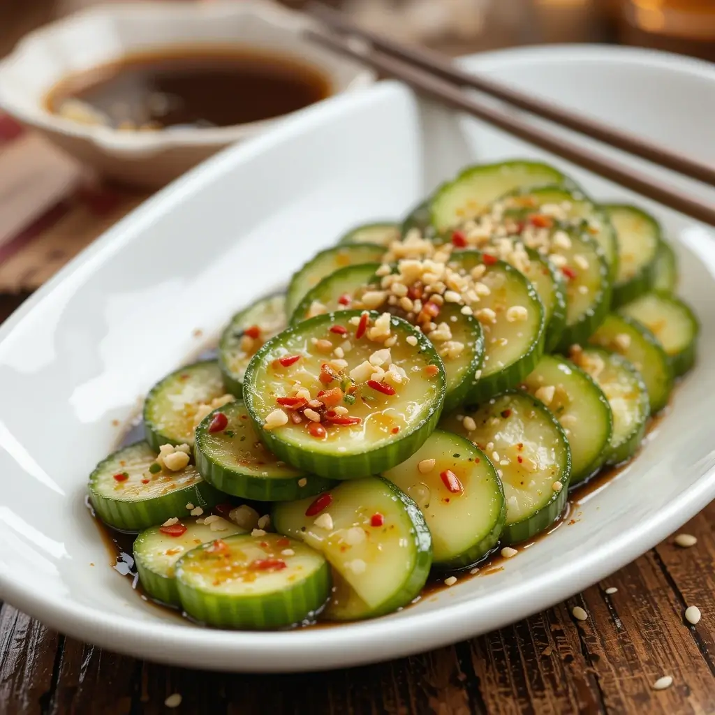 A plate of Din Tai Fung cucumber salad recipe, featuring fresh cucumber slices in a flavorful soy-based dressing, garnished with crushed peanuts, sesame seeds, and red chili flakes, served on a white dish with chopsticks in the background.
